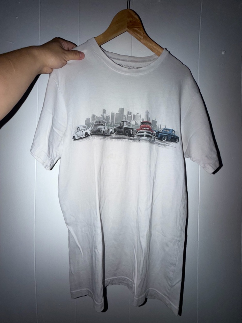 White Vintage Car Skyline Graphic Tee